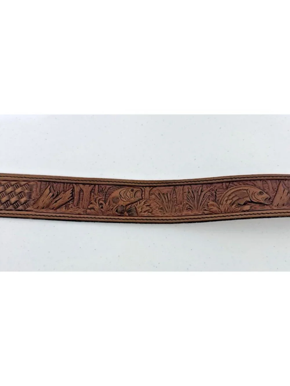 Leather Tooled Basket Weave Embossed Bass Fish Belt Size 38 USA